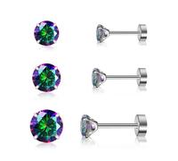 Artskin 3 paia di orecchini in titanio cubuic con zirconi per donne e uomini, orecchini a perno ipoallergenici, piatti, in argento, per ragazze, set da 3 mm e 5 mm, Titanio, Zirconia cubica