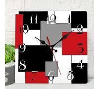 ArtSocket Orologio da parete in legno, 30,5 cm, silenzioso, senza ticchettio, grigio, rosso, nero, geometrico, minimalista, a scacchi, quadrato, rustico, funzionamento a batteria
