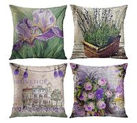 ArtSocket - Set di 4 Cuscini Decorativi, Federe per Cuscino, Motivo Acquerello, Motivo Floreale, Provenza, Francia, Lavanda, Estate, Amore, Verde, Iris, Decorazione per la Casa, 50 x 50 cm