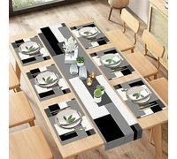 ArtSocket Set di 6 runner da tavola geometrici e tovagliette, bianco, nero, grigio, pittura astratta, decorazione per tavolo da pranzo per uso quotidiano (1 runner da tavola lungo 182,9 cm e 6