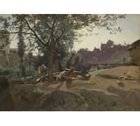 ARTXLXXBN Dipinti Famosi Painting Quadri Tela Stampe Su Tela Animali Campesinos bajo los árboles al amanecer de Jean Baptiste Camille Corot per Decorazioni per la Casa 60x90cm