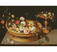 ARTXLXXBN Dipinti Famosi Stampa Tela Canvas Quadri D'Arte Classica una cesta de flores con una taza de plata dorada de Jan the Elder Brueghel per L'arredamento Della Camera da Letto 60x90cm