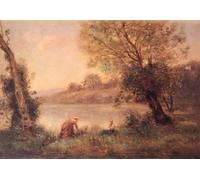 ARTXLXXBN Famoso Poster Parete Quadri Murale Tela Paysanne Et Son Enfant Entre Deux Arbres Au Bord De L'etang de Jean baptiste camille Corot per la Decorazione Della Parete 60x90cm