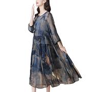 Artykey Vestito Seta Donna Elegante Vintage Stampa Abito Lunga Estate Stile Etnico Casual 3/4 Manica Girocollo Larga Vestito da Spiaggia Festivo Party Cocktail Abito Blue L