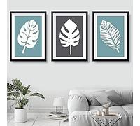 Artze Wall Art Art Prints - Set di 3 pezzi di foglie di Monstera tropicale, formato A3, colore: blu/grigio/bianco