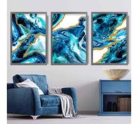 Artze Wall Art Astratto Fluid Art Prints, Stampe da Parete - Set di 3 pezzi, 30 x 40 cm, colore: BluOro