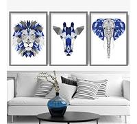 Artze Wall Art Set di 3 stampe artistiche geometriche della giungla, motivo: giraffa, leone, elefante, 21 cm di larghezza x 30 cm di altezza, blu/grigio