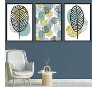 Artze Wall Art Stampa artistica botanica con foglie geometriche, set da 3 pezzi, 30 cm di larghezza x 40 cm di altezza, blu giallo/grigio