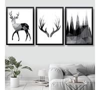 Artze Wall Art Stampa artistica monocromatica con corna di cervo e montagne, set da 3 pezzi, 40 cm di larghezza x 50 cm di altezza, nero/grigio