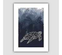Artze Wall Art Tartaruga geometrica con foglie di palme, formato A2, blu navy