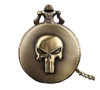 Aruie Orologio da tasca con teschio e numeri romani, al quarzo, vintage, punk, biker, bronzo, collana da taschino, da uomo e donna