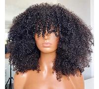 ARUKIHAIR - Parrucca riccia afro con texture crespa, corta, con frangia, completamente realizzata a macchina, effetto cuoio capelluto, densità 200, veri capelli brasiliani, colore naturale, 46 cm