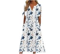 AruMinna Abiti da spiaggia da donna, abiti estivi da donna, a maniche corte, casual, bohémien, midi, prendisole con scollo a V, con occhielli e volant, linea svasata, abito da vacanza fluido, #001