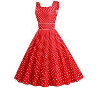 AruMinna Abito da donna anni '50 e '60, linea Rockabilly, stile vintage, con maniche ad aletta, scollo quadrato, a pois, per cocktail party, serata, Rosso, XL