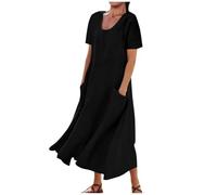 AruMinna Abito lungo da donna in tinta unita con tasche con scollo rotondo, casual, abito lungo per tutti i giorni, abiti da donna per l'estate, D4-nero, 3XL