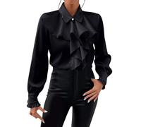 AruMinna Camicia in raso da donna con papillon con volant decorazione a strati camicia da donna a tunica top a maniche lunghe colletto a V con bottoni e volant camicetta vittoriana, Nero , M