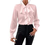 AruMinna Camicia in raso per donna con fiocco e volant a strati, tunica con maniche lunghe, collo a V, camicetta con bottoni e volant vittoriana, rosa, S