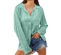 AruMinna Top a tunica da donna UK con risvolto con paillettes tinta unita camicia casual da donna, Verde, L