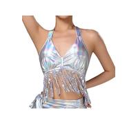 AruMinna Top corto da donna per danza del ventre, con paillettes glitterate, scollo all'americana, per sala da ballo latino Chacha, Argento, Etichettalia unica