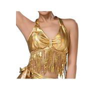 AruMinna Top corto da donna per danza del ventre, con paillettes glitterate, scollo all'americana, per sala da ballo latino Chacha, Oro, Etichettalia unica