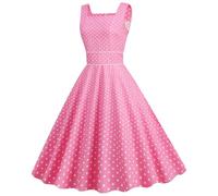 AruMinna Vestito rockabilly anni 50 e 60 da donna, stile vintage, con gonna svasata, maniche a sbuffo, collo quadrato, a pois, vestito midi per cocktail e serate, Rosa, L