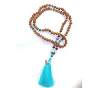 Arwacraft Rudraksha Mala certificato con ciondolo a forma di luna originale con 8 pietre chakra utilizzate ematite, tigre, amitista, avventurina verde, onice rosso, onice nero, quarzo rosa