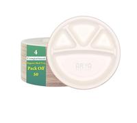 Arya PACKAGING Piatti usa e getta rotondi da 28 cm, 4 scomparti, vassoi di carta bagassa di canna da zucchero, perfetti per feste, picnic, cene in famiglia e celebrazioni, piatti per il controllo