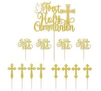 ARYIMYDP 1 Set Decorazione Torta Battesimo con 12 Bastoncini, Acrilico Topper Torta Cresima, Decorazione Comunione Bambino Bambina Festa, Cake Topper Oro per Evento