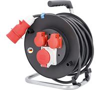 as - Schwabe CEE 10155 - Avvolgicavo 25 m, H07RN-F 5G1,5, 2 prese con contatto di protezione 230 V, 1 presa CEE a 5 poli, 400 V 16 A, coperchio ribaltabile, per esterni e cantieri, colore: Nero