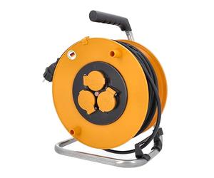 as - Schwabe Avvolgicavo da 50 m, cavo di prolunga, 3 prese da incasso 230 V/16 A con coperchio a scatto e spina di protezione, avvolgicavo, IP44, arancione, Made in Germany, 11483