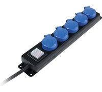 as - Schwabe Ciabatta di distribuzione a 5 prese con interruttore, prese con contatto di protezione con coperchio ribaltabile, cavo da 1,5 m, presa multipla per esterni 230 V, 16 A, IP44, nero, blu,