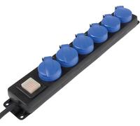 as - Schwabe Presa di distribuzione a 6 vie, spina multipla con cavo da 1,5 m, presa multipla con coperchi ribaltabili, interruttore e montaggio a parete 230V, 16A, IP44, nero, blu 38606