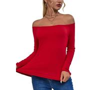 ASAIR Camicia a maniche lunghe con spalle scoperte da donna a costine basic alla moda elasticizzata leggera top, Rosso, S