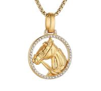 AsAlways Collana con cavallo per donne e uomini, in acciaio inox, stile hip hop, con testa di cavallo, cowboy, cowgirl, regalo, Acciaio inossidabile, Zirconia cubica