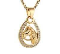 AsAlways Collana con cavallo per donne e uomini, in acciaio inox, stile hip hop, con testa di cavallo, cowboy, cowgirl, regalo, Acciaio inossidabile, Zirconia cubica