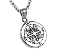 AsAlways Collana da uomo con ciondolo a forma di bussola grande, in acciaio inox, color argento