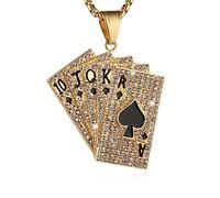 AsAlways Collana in acciaio inox con ciondolo a forma di carte da poker in stile hip hop, con zirconia cubica, Acciaio inossidabile, Zirconia cubica