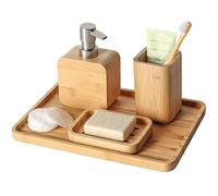 Asashizen Set di 4 accessori da bagno e lavandino in bambù fatti a mano, set retrò, naturale, portasapone per doccia, dispenser di sapone per lozione, tazza per collutorio, tazza per risciacquo,