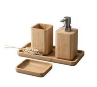 Asashizen Set di accessori da bagno in bambù naturale con dispenser di sapone, portaspazzolino e portasapone e vassoio, realizzato a mano, design impermeabile