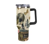 asbwuo Bicchiere in acciaio inossidabile con manico e cannuccia, design vintage da 40 once, isolato, riutilizzabile, adatto per portabicchieri da viaggio, per caffè, acqua, tè
