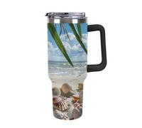 asbwuo Bicchiere in acciaio inossidabile con manico e cannuccia, riutilizzabile, da viaggio, per caffè, acqua e tè, con isolamento termico da 40 once, motivo: scena di spiaggia