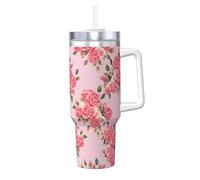 asbwuo Bicchiere in acciaio inossidabile con manico e coperchio con cannuccia, riutilizzabile, da viaggio, per caffè, acqua e tè, con isolamento termico, motivo: rose acquerellate, da 40 once.