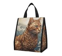 asbwuo Bolsa térmica reutilizable para el almuerzo, 9 l, a prueba de fugas, con diseño de gato en las olas y bolsillos interiores para mujeres y hombres, ideal para el trabajo, picnics y camping.