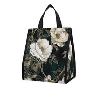 asbwuo Bolsa térmica reutilizable para el almuerzo, de 9 l, a prueba de fugas, con diseño de flores blancas y bolsillos interiores para mujeres y hombres, ideal para el trabajo, picnics y camping.