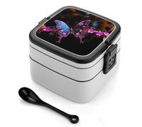 asbwuo Bonita lonchera bento de doble capa con forma de mariposa para adultos, con cuchara y asa. Lonchera apilable de una pieza, hermética, para el trabajo, picnics y viajes.
