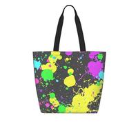 asbwuo Borsa in carta aramidica con schizzi di vernice al neon e tasca con cerniera, borsa per la spesa riutilizzabile, leggera e impermeabile, essenziale per tutti i giorni