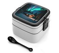 asbwuo Caja bento Aurora de madera para adultos, de doble capa, con cuchara y asa. A prueba de fugas, apilable, ideal para el trabajo, picnics y viajes.