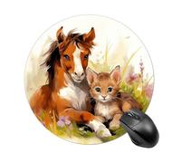 asbwuo Comodo tappetino per mouse con base in gomma antiscivolo impermeabile e simpatico cavallo e gatto, rotondo, stampato, per computer portatile e ufficio