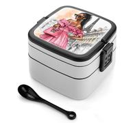 asbwuo Fiambrera apilable de doble capa con diseño de la Torre Eiffel de Black Women in Paris para adultos, con cuchara y asa invisible.