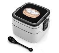 asbwuo Fiambrera apilable de doble capa con forma de bola de masa redonda para adultos, con cuchara y asa invisible.